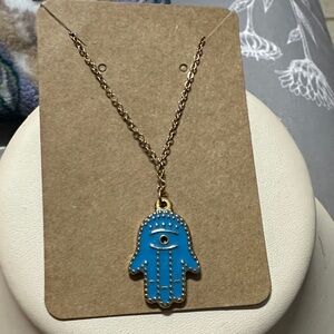 Gold-Tone Necklace with Blue and Pink Hamsa Hand Necklaces